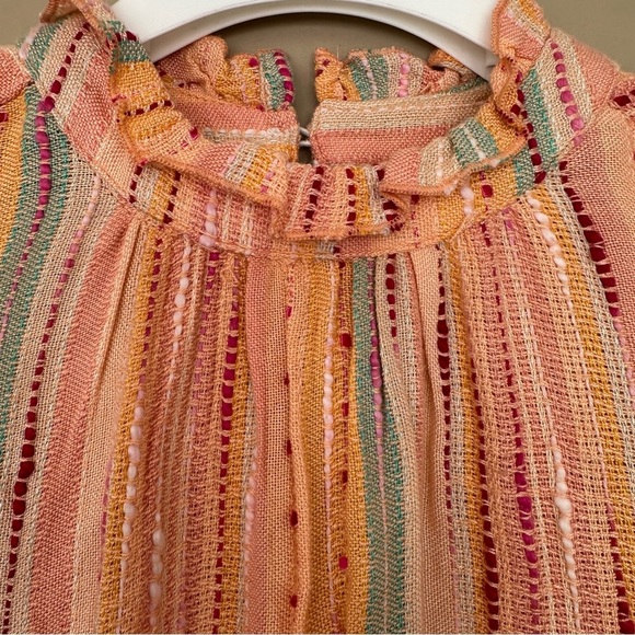 THML Women Medium Freeport Woven Striped Flutter Sleeve Embroidered Top Peach - Picture 6 of 12
